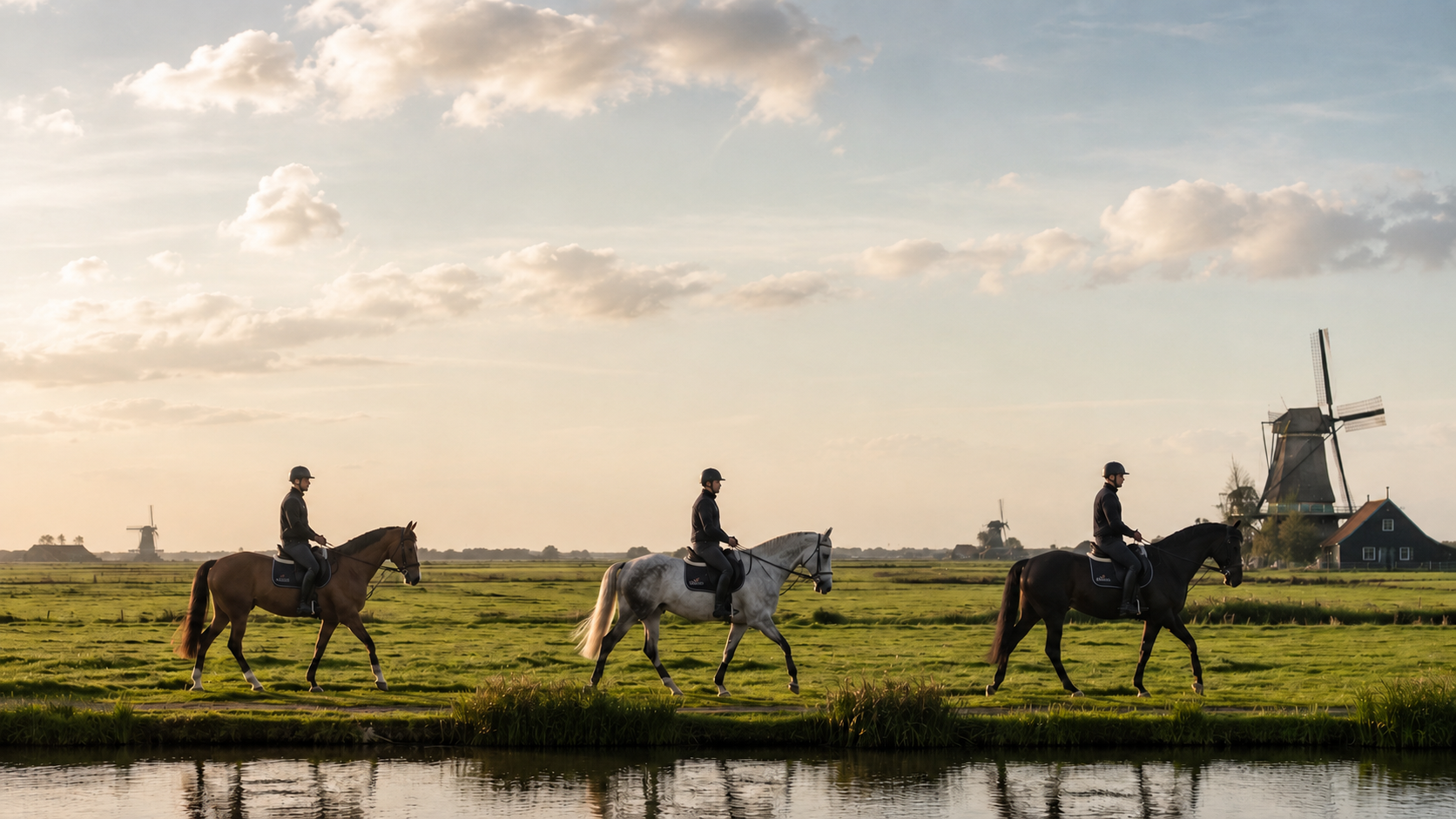 Riders crossing Dutch fields near windmills