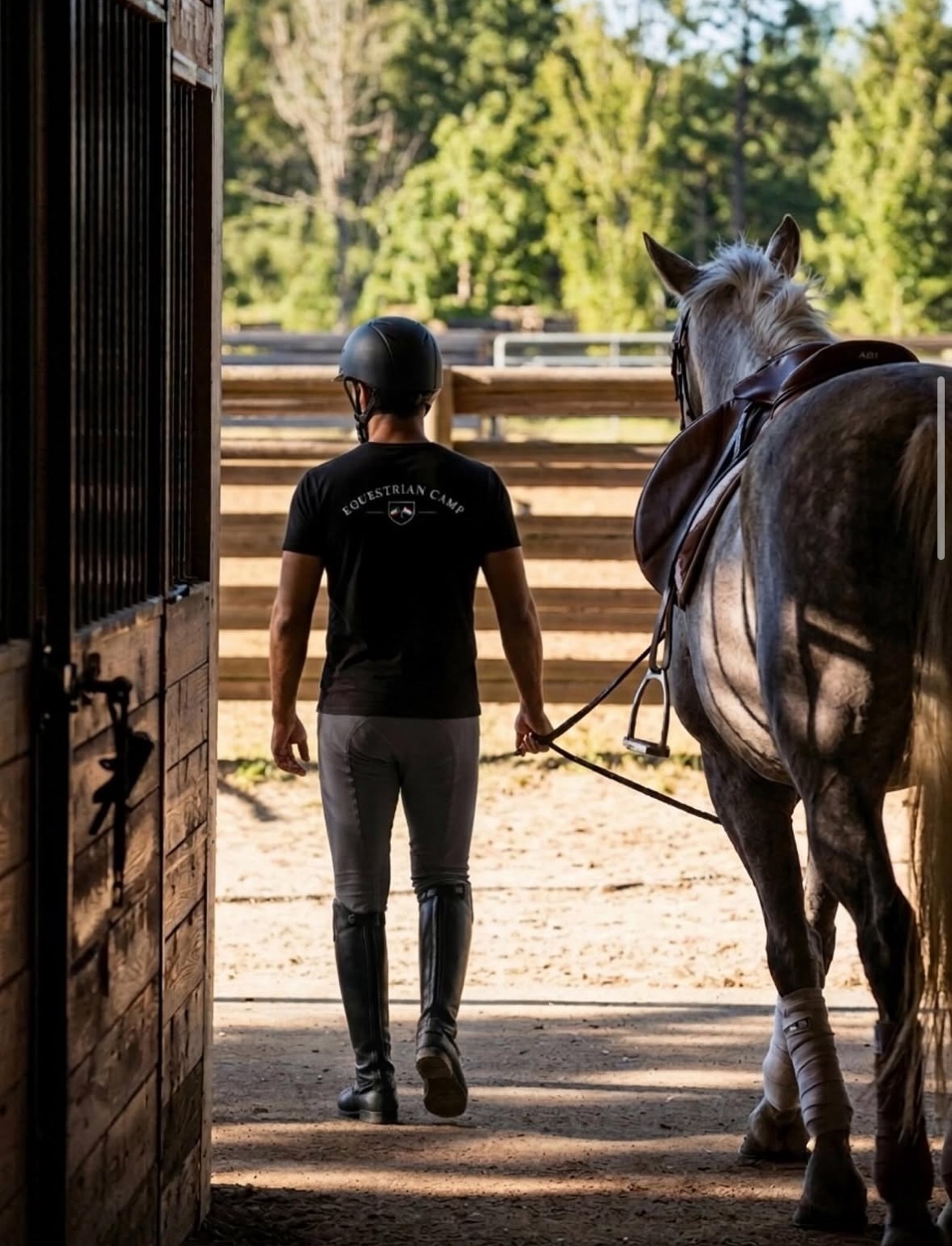 Rider walking a horse out of a stable