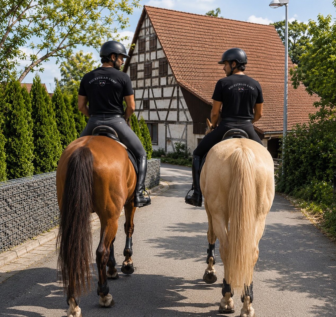 Two riders passing through a European village